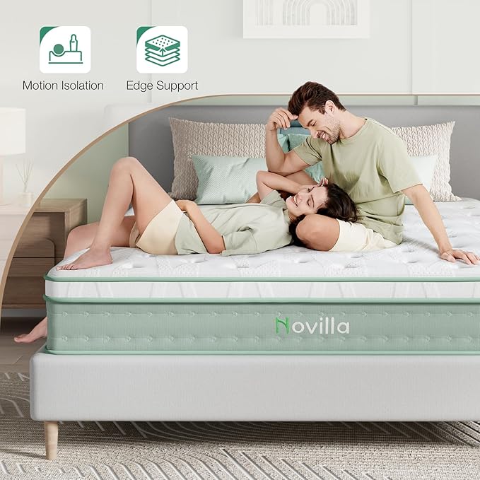 Novilla Queen Mattress, 12 Inch Hybrid Mattress, Gel Memory Foam with Individual Pocket Springs for a Peaceful Sleep, Queen Size Mattresses with Quilted Cover