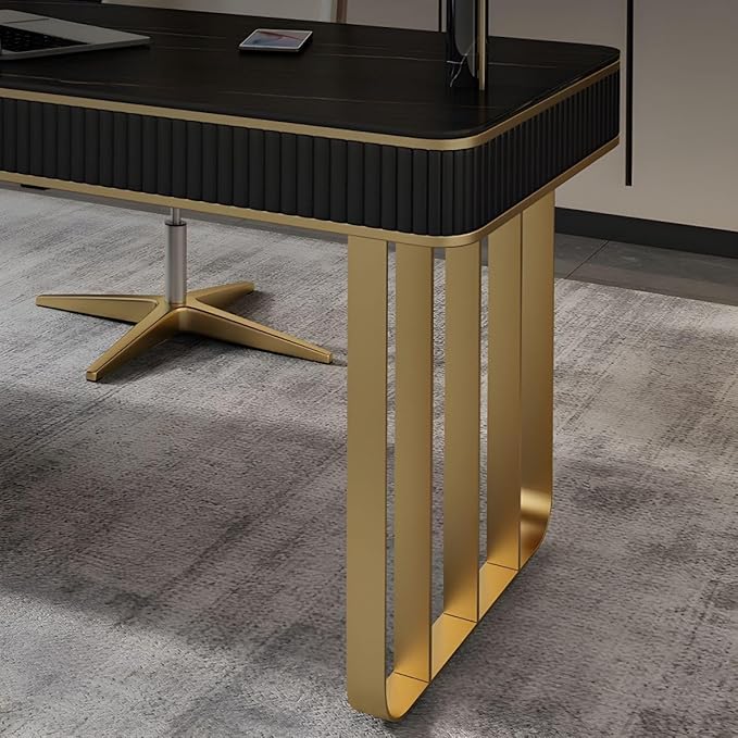 RUNNUP Stone top Computer Desk with 5 Drawers, Rectangular Home Computer Desk Writing Desk, Modern Executive Desk, Without Chairs, Black, 55" L x 23.5" W x 29.5" H
