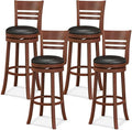 COSTWAY Bar Stools, 360-Degree Swivel Bar Chairs with PU Upholstered Seats, Solid Rubber Wood Backrests, Footrests & Legs, Bar Height Stools with Backs for Kitchen, Bar, Brown (4)