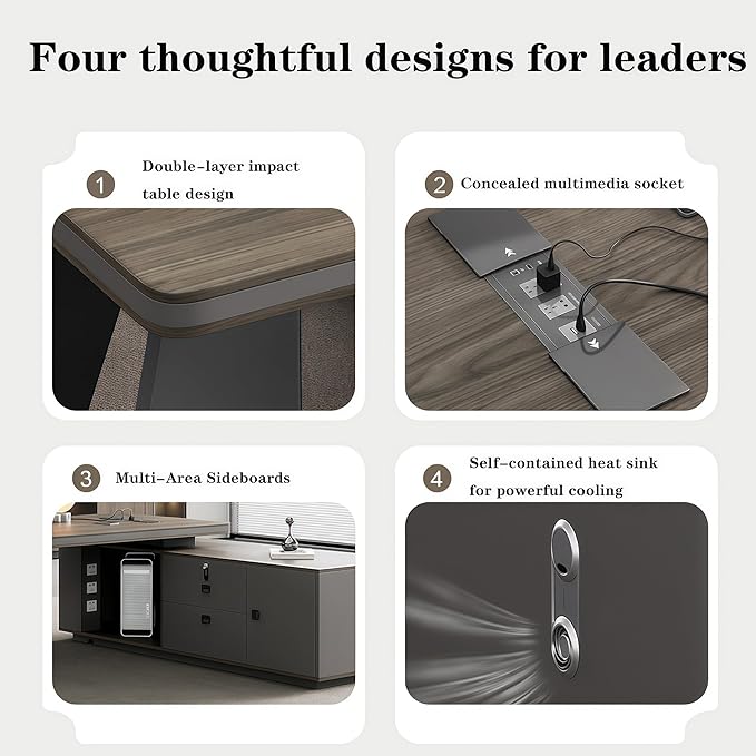 L Shaped Executive Desk, 141.7 inch Large Executive Computer Desk Set Drawers and Lockable, Power Socket and USB Port Storage, Without Display Racks and Bookshelves