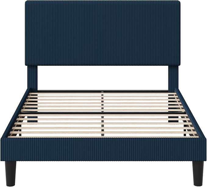 Allewie Queen Size Upholstered Bed Frame with Vertical Channel Tufted Headboard, Soft Corduroy Fabric Platform Bed, Strong Wooden Slats Support, Easy Assembly, No Box Spring Needed, Dark Blue