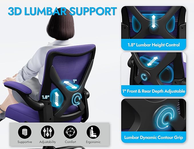 Ergonomic Office Chair - X-Shaped Computer Desk Chair Comfy, Gaming Chair, Office Chair with Lumbar Support, Mesh Office Chairs, Desk Chair for Long Hours(Black Purple)