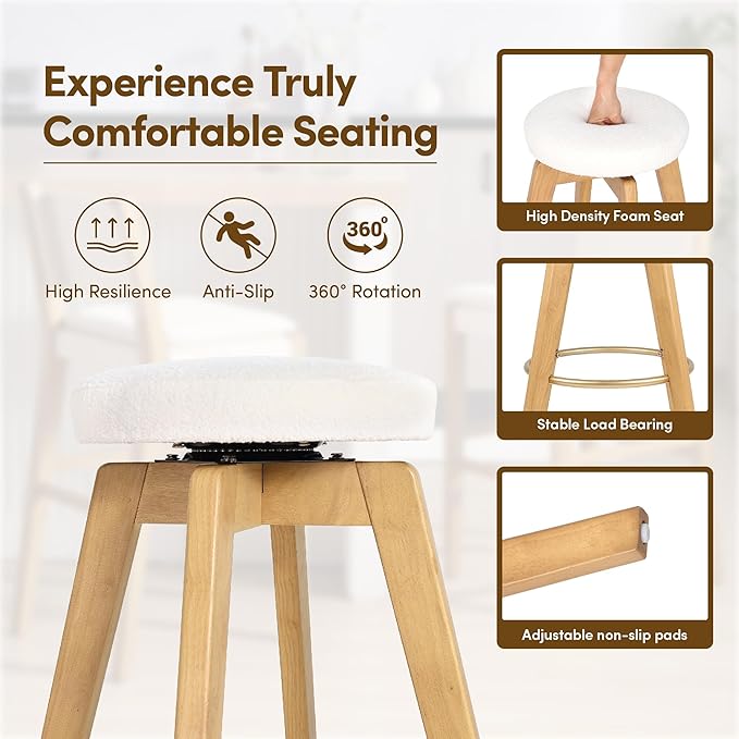 Swivel Premium Solid Wood Counter Stool 25", Set of 2, 360° Rotating Upholstered Cushion, Backless Bar Chair for Island, Pub, Kitchen, Dining Room (Light Oak)