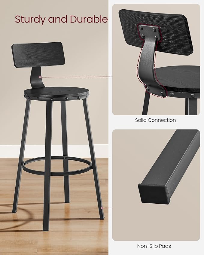 VASAGLE Bar Stools Set of 2, Bar Height Stools, 28.9 Inches Counter Barstools Chairs with Back for Dining Kitchen Island, Steel Frame, Industrial Style, Easy Assembly, Ebony Black