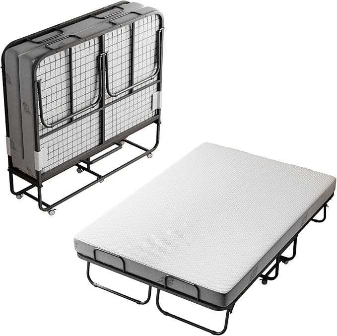 Folding Bed with Mattress 75"x54" Extra Wide Double Folding Bed, Upgraded Sturdy Construction Portable with Mattress for Adult Guests, Folds Down to Save Space (75" x 54")