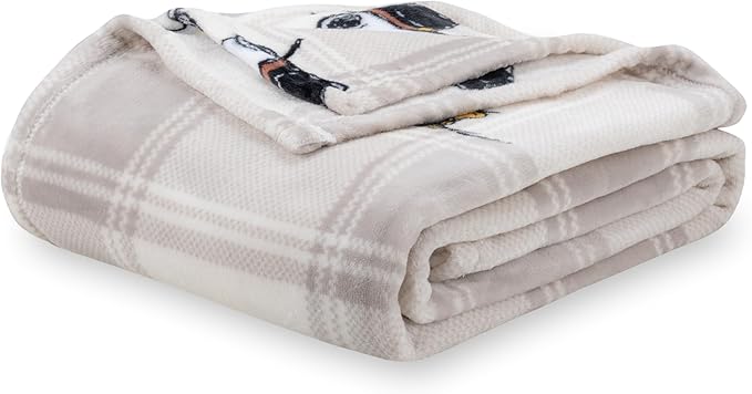 Berkshire Blanket Peanuts® VelvetLoft® Cute Character Snoopy Plush Blanket,Lakeside Plaid Harvest Snoopy and Woodstock Grey,Full/Queen 90 in x 90 in (Official Peanuts® Product)