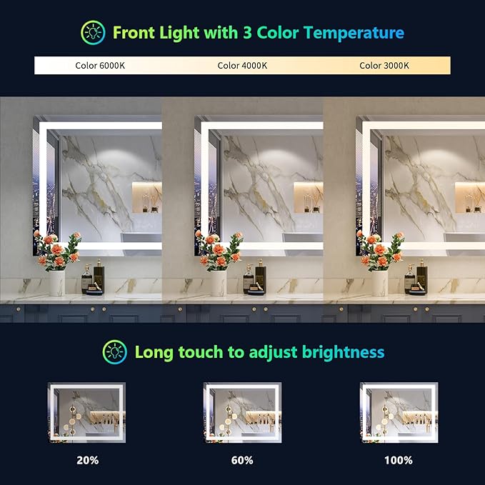 36x30 Inch RGB LED Bathroom Mirror Front Light and RGB Backlit Lighted Vanity Mirror for Bathroom Wall Mounted Dimmable Anti Fog Memory Shatter-Proof IP54 Waterproof Horizontal/Vertical