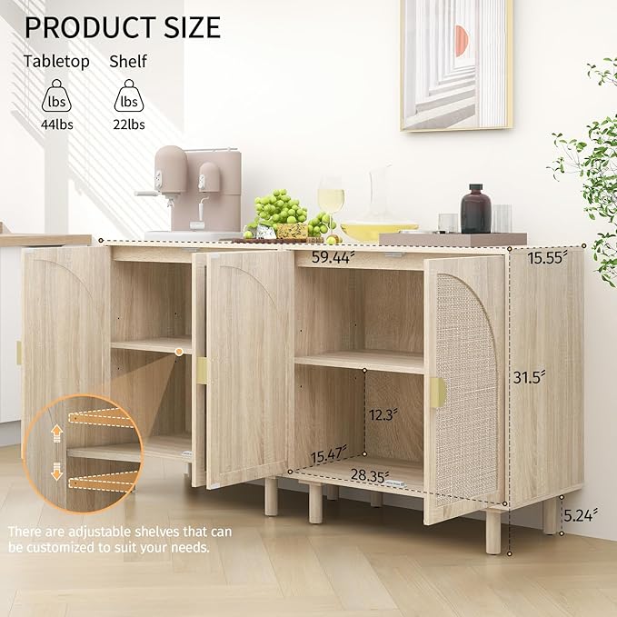 Beige Rattan Cabinet-2-Doors,Sideboard Buffet Cabinet with Storage-Accent Storage Cabinet with Cane Door, Boho Wood Credenza for Dining Room, Kitchen,Study Room (Beige Set 2)