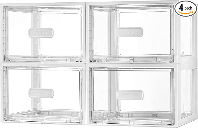 Vtopmart 4 Pack 18QT White Stackable Storage Drawers,Easily Assemble Acrylic Closet Organizers,Plastic Storage Bins for Bathroom,Cabinet,Kitchen Pantry,Under Sink Organization
