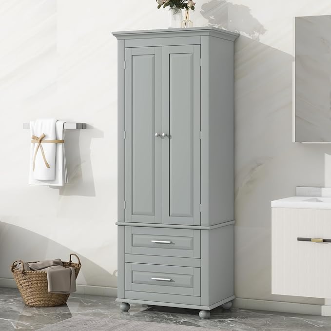 Polibi Tall Storage Cabinet with 2 Drawers, 3-Tier Adjustable Shelves & 2 Doors, Floor Freestanding Cabinet for Bathroom, Living Room, Grey
