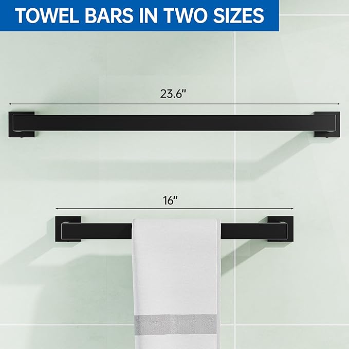 10-Pieces Bathroom Hardware Set, SUS304 Stainless Steel Wall Mounted 16 Inch Towel Bar, Toilet Paper Holder, Towel Hooks, Bathroom Towel Bar Set (Matte Black (Type 2), 10 Piece-16 inch)