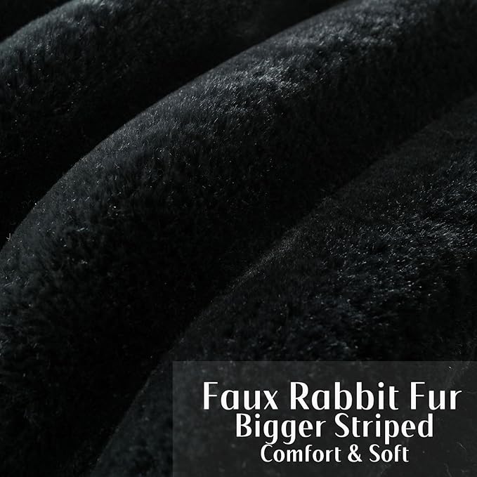 FUTEI Black Decorative Throw Pillow Covers 18x18 Inch Set of 2, Square Soft Faux Rabbit Fur Thick Striped Cushion Cover,Winter Home Decor for Couch Bed Living Room