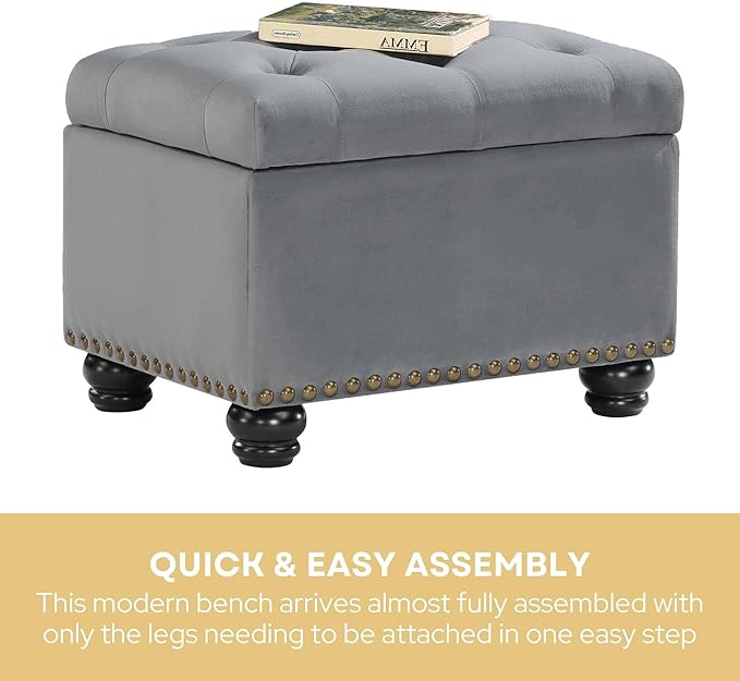 Convenience Concepts Designs4Comfort 5th Avenue Storage Ottoman 24" - Contemporary Foot Stool and Seat with Hinged Lid for Living Room, Dining Room, Office, Den, Gray Velvet