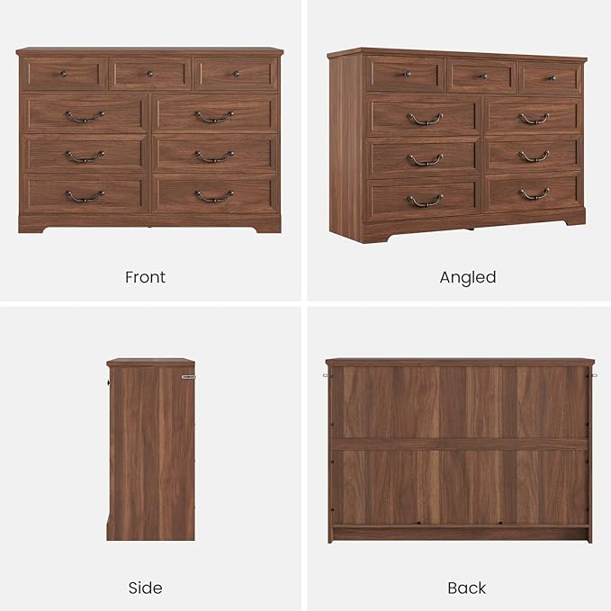 DICTAC Farmhouse 9 Drawers Dresser for Bedroom, Wide Dressers Chest of Drawers, Large Storage Closet Organizer with Natural Texture and Vintage Metal Handle, Wooden Dresser TV Stand for Living Room