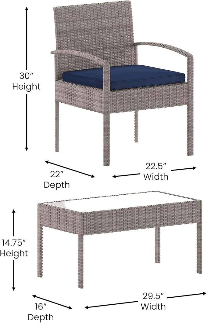 Flash Furniture Aransas Series 4 Piece Gray Patio Set with Steel Frame and Navy Cushions