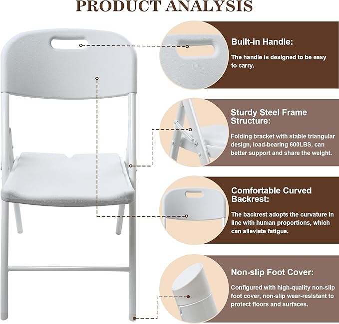 10 Pack Folding Chair, 700 lb Weight Capacity,Indoor/Outdoor Heavy Duty Foldable Chairs for Restaurants, Kitchens, Picnics, Races, Parties & Weddings. (10, White)