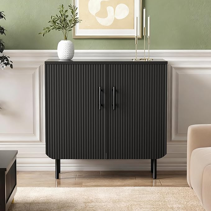 Buffet Cabinet with Storage, Sideboard with 2 Doors, Adjustable Shelf, Fluted Accent Cabinet for Living Room, Modern,Black