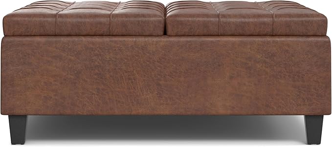 SIMPLIHOME Harrison Large Coffee Table Storage Ottoman - 40 inch Wide Upholstered Vegan Leather Square Lift-Top Ottoman in Distressed Saddle Brown, Transitional Bench for Living Room with Sturdy Base