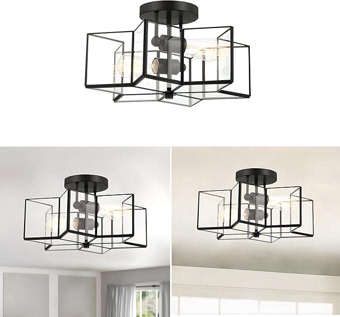 Bofea-Modern Black Semi Flush Mount Ceiling Light Star Ceiling Light Vintage Octagon Lights Fixture Black Flush Light Fixture for Bedroom 2-Lights Clear Glass Semi Flush Mount Chandelier for Hallway