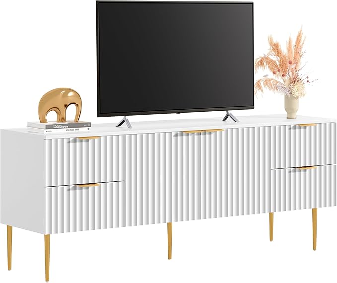 SICOTAS TV Stand for 55/60/65/70 Inch TV - 62 Inch TV Stands for Living Room Entertainment Center with 4 Drawers, Fluted Modern TV Media Console Television Cabinet for Bedroom (White,1 Piece)