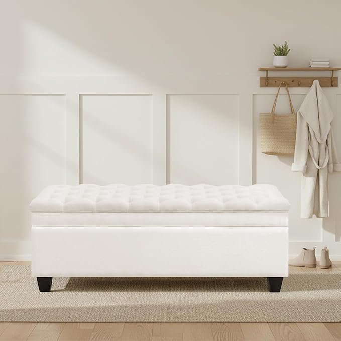 50" Storage Ottoman Bench, Rectangular End of Bed Storage Bench, Upholstered Large Fabric Tufted Ottoman with Storage for Living Room, Bedroom, Entryway,Wihte