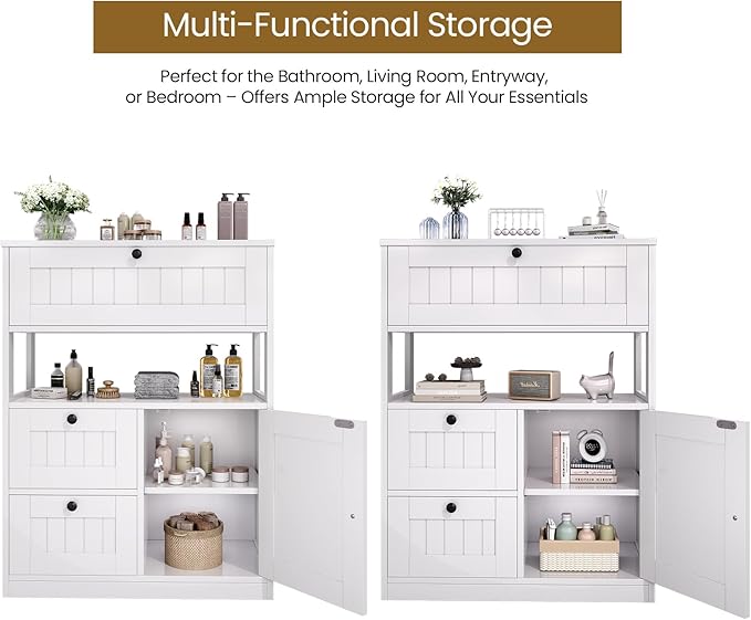 Bathroom Cabinet, Modern Bathroom Floor Storage Cabinet Organizer with 3 Drawers and Adjustable Shelves, Home Furniture for Multifunction in Living Room, Hallway, Kitchen, White