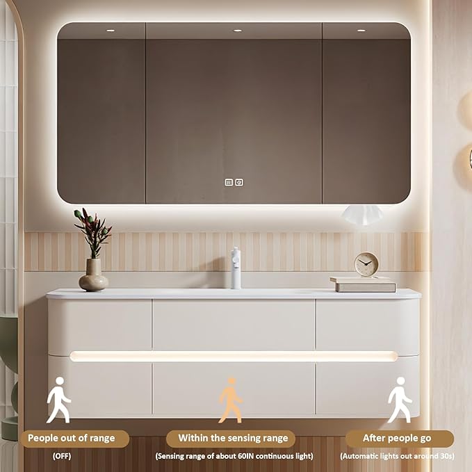 68IN Bathroom Vanity - Bathroom Vanity with Sink with Intelligent Induction Light | Wall-Mounted Bathroom Vanity with Intelligent LED Mirror Cabinet & 6 Drawers, Cream Color