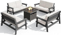 SERWALL Patio Furniture Set with 33” Fire Pit Table, HDPE Outdoor Sectional Sofa Set with Thickened Cushions, Grey Frame with Khaki Cushions