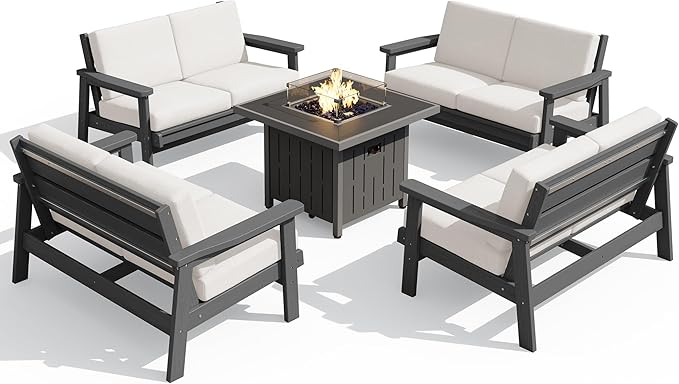 SERWALL Patio Furniture Set with 33” Fire Pit Table, HDPE Outdoor Sectional Sofa Set with Thickened Cushions, Grey Frame with Khaki Cushions