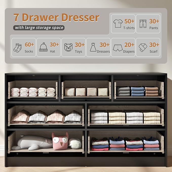 Black Dresser with 7 Drawer - 55” Wide Fluted Dresser for Bedroom with Metal Handle, Chest of Drawer, Wood TV Stand for Bedroom, Living Room, Black