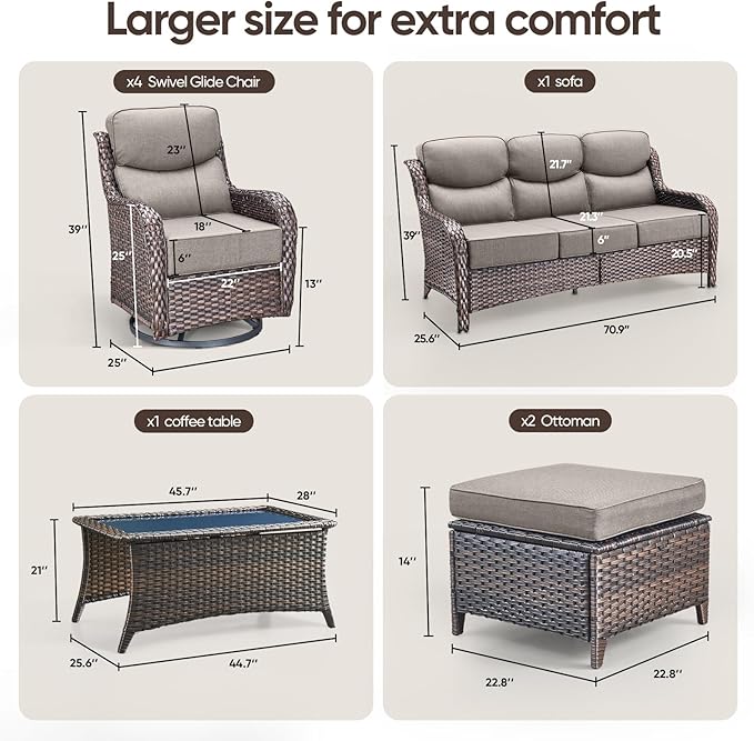 Swivel Patio Chairs sofa Set of 8 with 6" Thick Cushion - Wicker Outdoor Swivel Rocker Patio Chair ,Sofa/Glass coffee table, High Back Comfortable Outdoor Glider Chairs - Brown Wicker | Gery Cushions