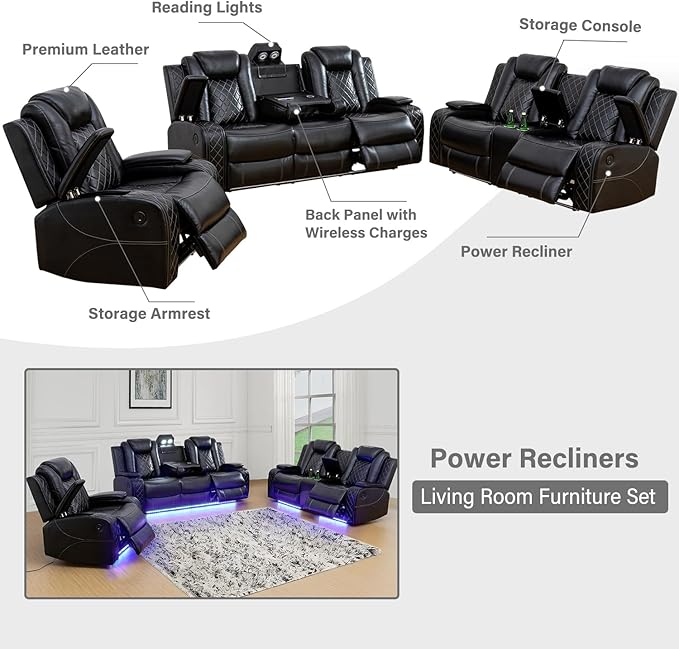 Power Recliner with LED, Black Leather Reclining Chair for Living Room, Muti-Functional Recliner with Storage Armrest/USB Ports for Living Room/Bedroom/Office