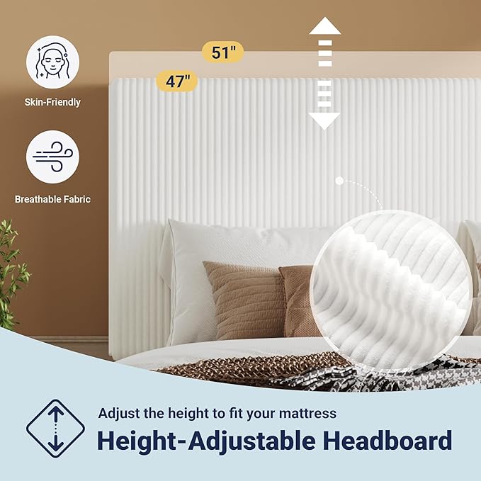 Allewie Full Size Upholstered Bed Frame with Vertical Channel Tufted Headboard, Soft Corduroy Fabric Platform Bed, Strong Wooden Slats Support, Easy Assembly, No Box Spring Needed, White