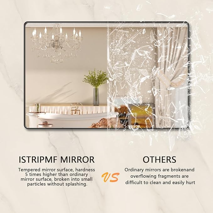 Black Mirror for Bathroom 40x32 Inch,Black Metal Frame Vanity Mirror for Wall,Rounded Corner Rectangle Matte Black Mirror,Tempered Glass,Anti-Rust (Horizontal/Vertical)