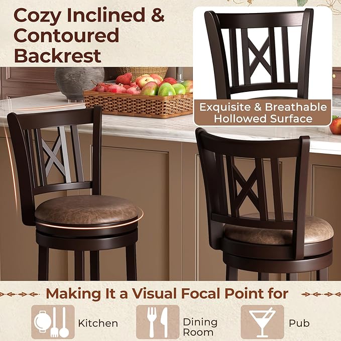 COSTWAY Bar Stools Set of 2, 30” Swivel Bar Chairs with Footrest, Rubber Wood Frame & Hollowed Backrest, Leathaire Bar Height Stools, Padded Counter Stools for Kitchen Island & Pub (2, 30'')