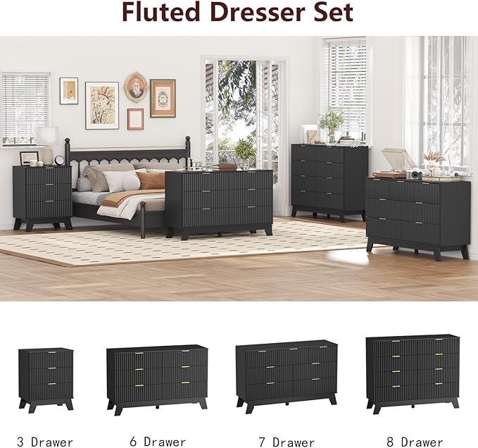 Fluted Dresser for Bedroom,7 Drawer Dresser for Closet,Storage Cabinet and Chest of Drawers with Gold Handle,TV Stand,Storage Organizer for Living Room,Hallway,Entryway,Black