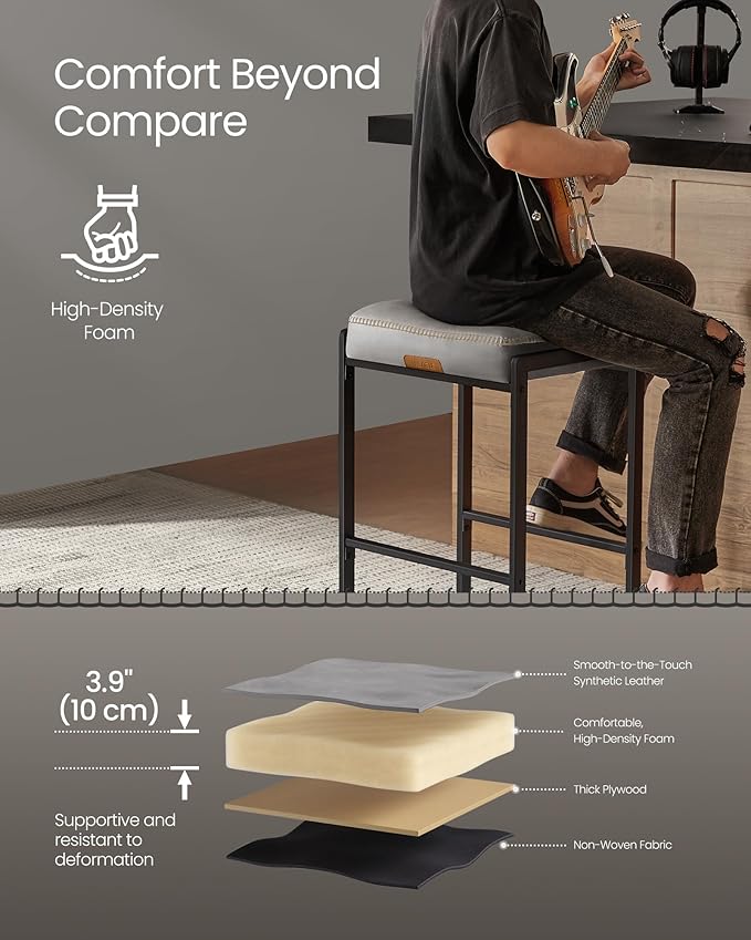 VASAGLE EKHO Collection - Bar Stools Set of 2, Counter Height Bar Stools, Synthetic Leather with Stitching, Mid-Century Modern Counter Stools, 26-Inch Tall, Kichen Home Bar Dining Room, Dove Gray