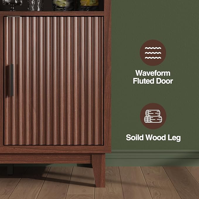 Fluted Buffet Cabinet with Storage, Modern Coffee Bar Cabinet with Outlet, Wine Rack, Cup Holder, Multi-Functional Accent Liquor Cabinet for Living Room, Entryway, Kitchen, Walnut