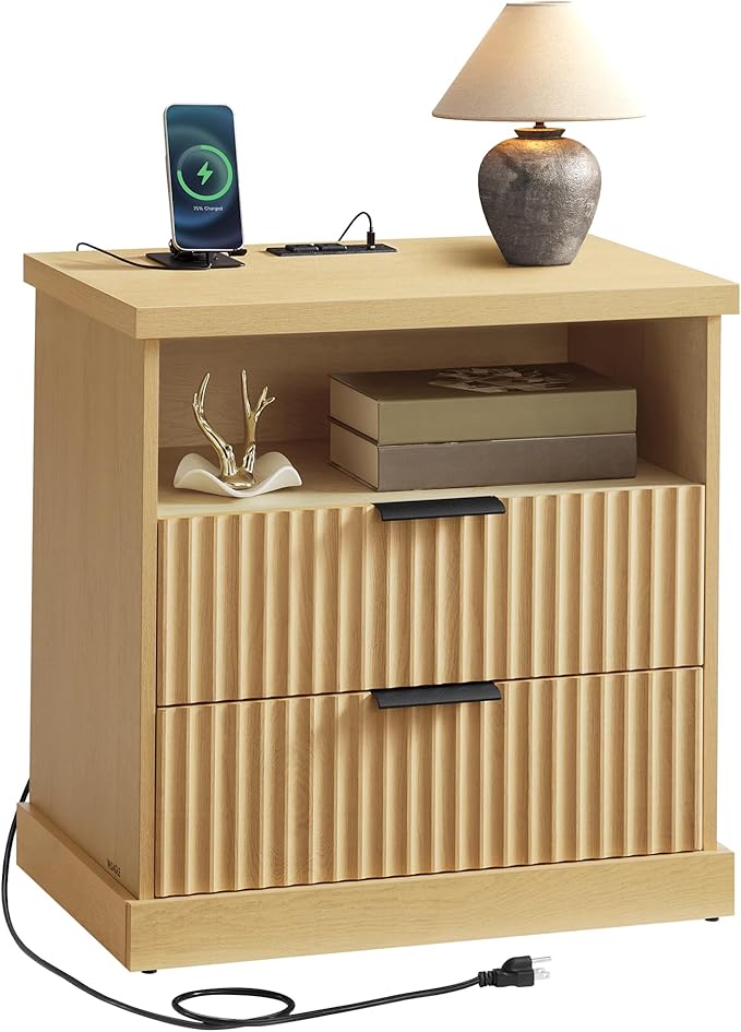 VASAGLE MAXE Collection - Nightstand with Charging Station, Fluted Night Stand, Bedside Table, Mid Century Modern Side End Table, 2 Drawers, 2 AC Outlets, 2 USB Ports, Oak Beige ULET626Y01S