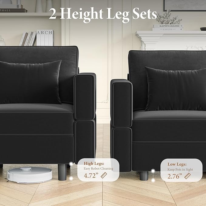 Vesgantti Sectional Sleeper Sofas with Storage, 92" Sofa Bed with 6 Seats Storage Chaises Removeble Cover, Deep Seat Modular Couches Velvet Couch Set for Living Room, Apartment, Home Theatre, Black