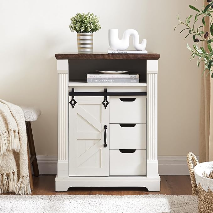 Bathroom Floor Cabinet, Farmhouse Storage Cabinet with Sliding Barn Door, Small Storage Cabinet with Drawer for Bathroom, Kitchen, Living Room, Rustic Style (Antique White)