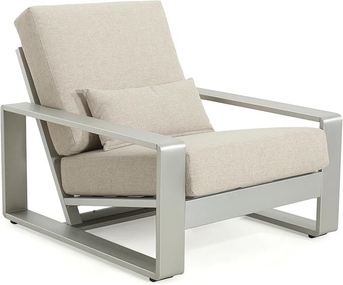 Christopher Knight Home Aspen Outdoor Aluminum Club Chair, Durable Aluminum Lounge Chair, Armchair with Cushions, Metal Accent Chair, Tilt Backrest Recliner for Backyard, Garden, Balcony, Silver+Beige