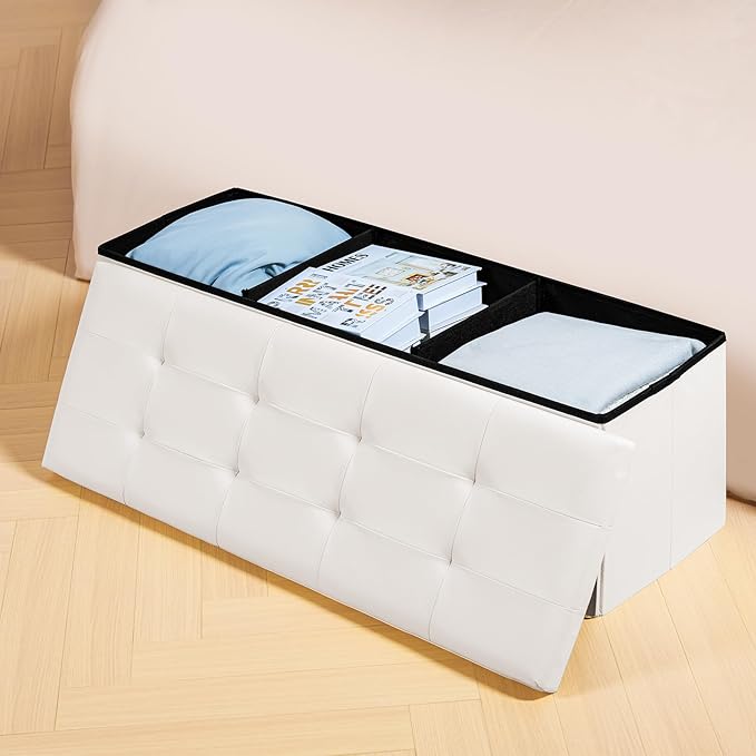 PINPLUS Folding Storage Ottoman Bench with Tray, 43.3inches Faux Leather Long Storage Chest Footrest Seat, Coffee Table, Foot of Bed Storage Bench for Living Room Bedroom, Beige