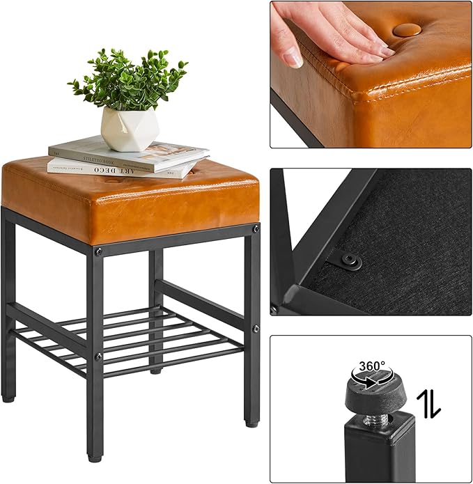 IBUYKE Square Makeup Stool with Adjustable Feet and Storage Space, Footrest Chair, PU Vanity Seat, Multi-Use as Small Side Table or Ottoman, for Bedroom, Light Brown LG-60J