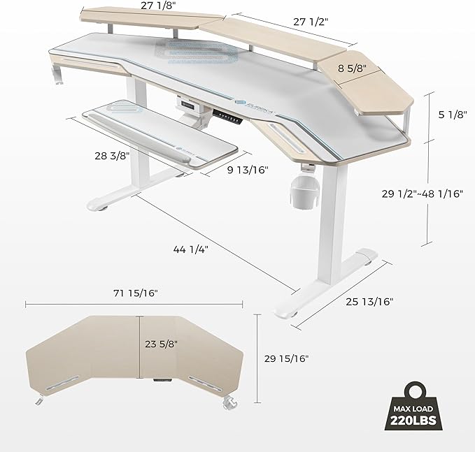 EUREKA ERGONOMIC Standing Desk with Keyboard Tray, Large Music Studio Gaming Desk, Wing Shaped Sit Stand Table 72'', LED Convertible Shelves, Dual Motor&Slot, Maple