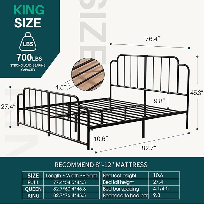 PINJU Metal Platform Bed Frame with Headboard and Footboard, Classic Style, Sturdy Metal Slats, No Box Spring Needed, Easy Installation (Black, King)
