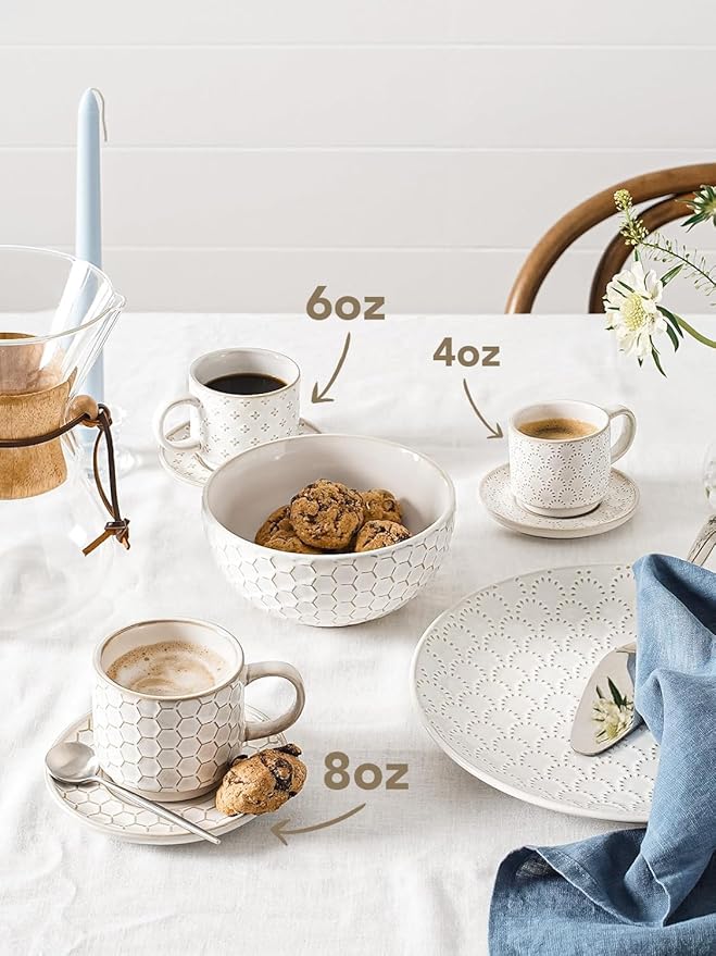 LE TAUCI Stackable Espresso Cups 4 oz with Saucers and Stand, Ceramic Embossment Coffee Cup for Double shot, Lungo, Ristretto, Dishwasher Oven Safe - Set of 4, Arctic white