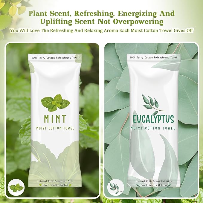 50 Pcs Moist Towelettes Individually Wrapped Scented Disposable Face Towels Essential Oil Infused Moist Terry Cotton Towel for Use Hot or Cold Travel Body Spa (Mint, Eucalyptus Leaves)