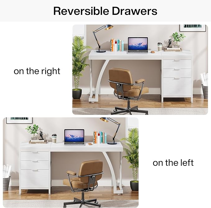 Tribesigns Computer Desk with 3 Drawers, 59-Inch PC Desk with Reversible Drawers, Industrial Study Writing Table Workstation with File Storage for Home Office, White