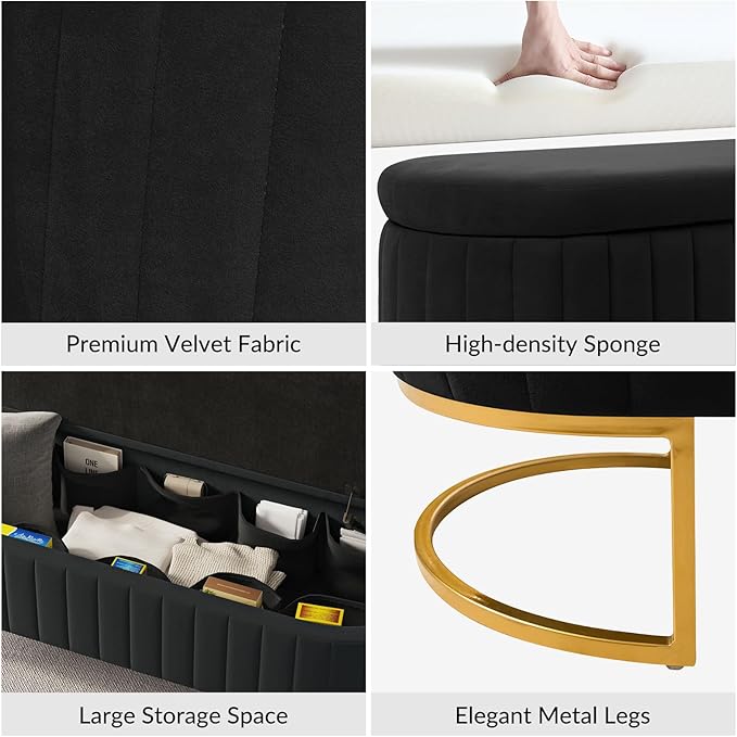 EcoHarbor Living 55.5" Storage Bench Ottoman End of Bed Bench Bedroom Bench, Upholstered Velvet Long Window Bench Large King Size with Gold Legs, Flipping Lid Entryway Footrest (Black)
